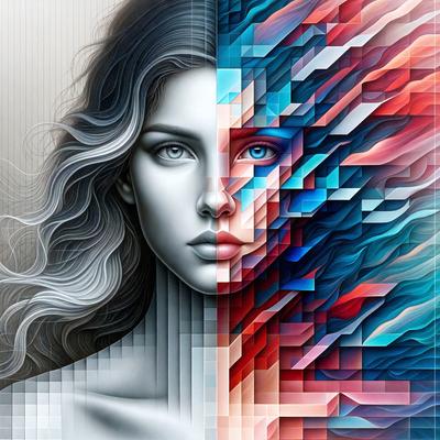 The primary subject of the image is a woman with long hair. She is depicted in two different styles, one as a digital art and the other as a painting. The setting is a colorful background, which adds to the overall atmosphere of the image. The visual style is a combination of digital art and painting, creating a unique and artistic representation of the woman. The colors and mood of the image are vibrant and lively, with a focus on the woman's beauty and the contrast between the two styles.